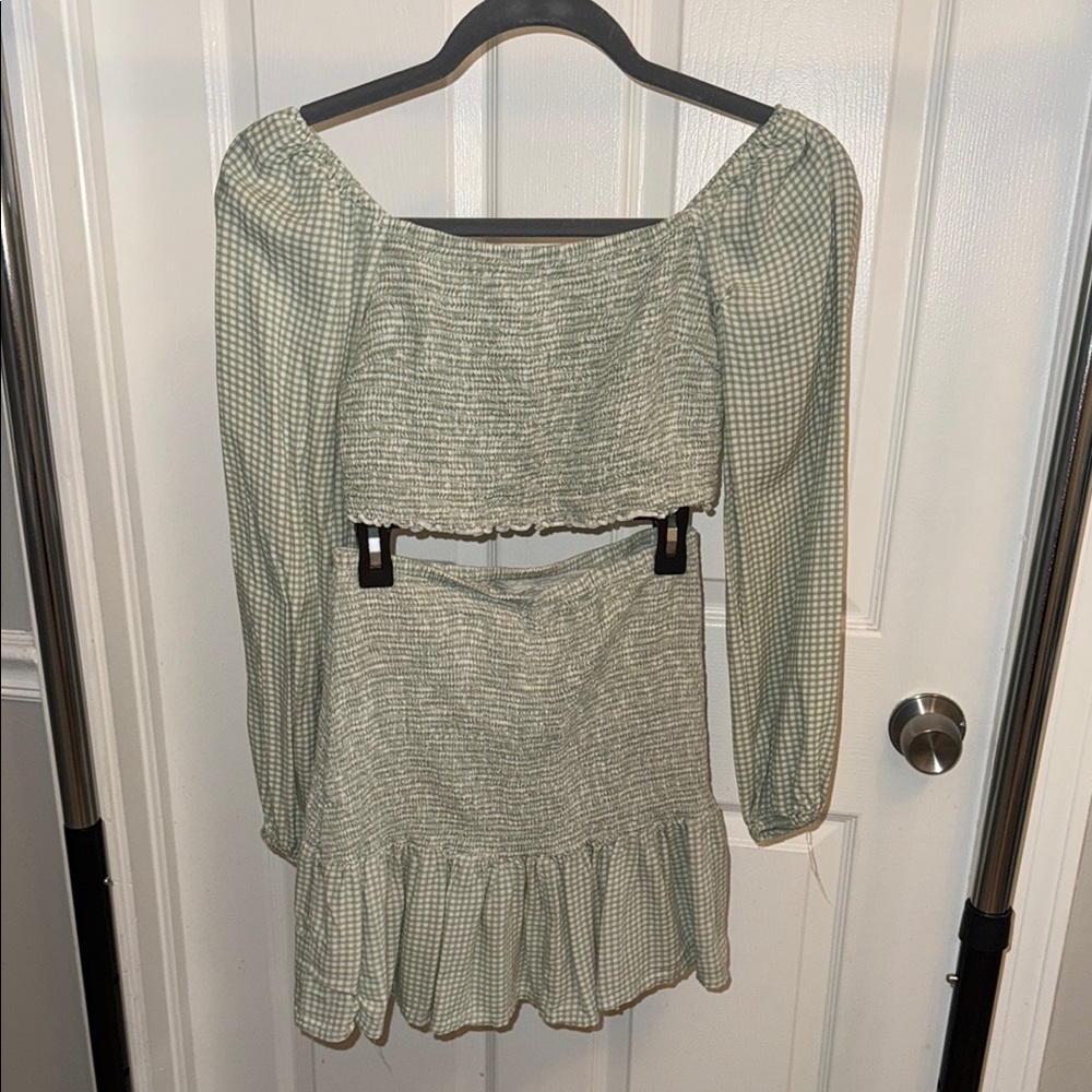 Green Gingham Off-Shoulder Set